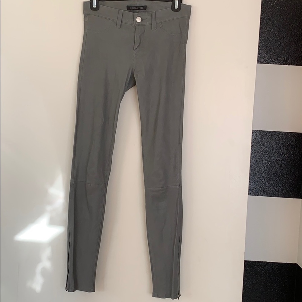J Brand Gray Leather Skinny Zipper Ankle Pants 25